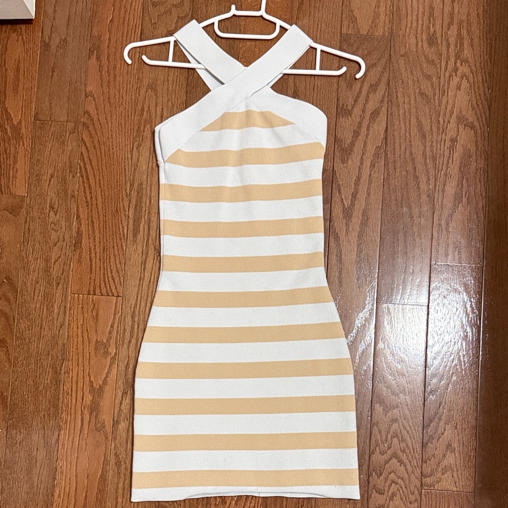 Babaton Striped Halter Neck Dress - White and Tan